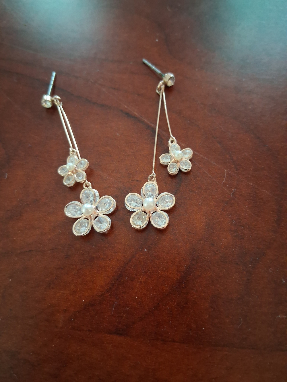 Delicate Gold Floral Drop Earrings with Clear Crystal Petals